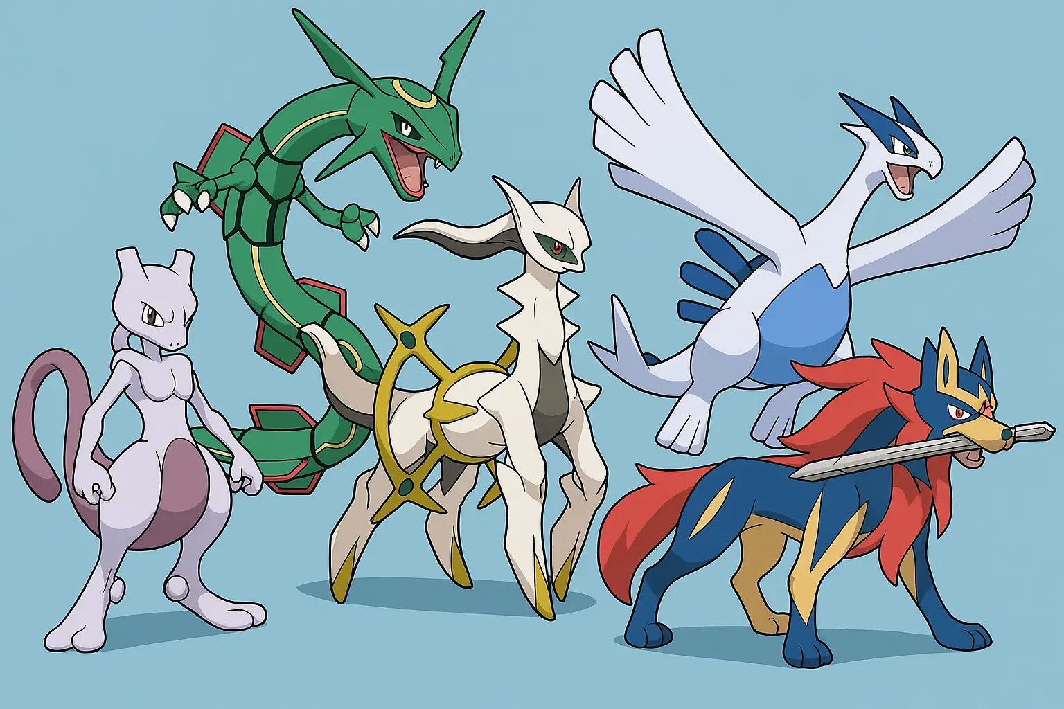 Illustration of Mewtwo, Rayquaza, Arceus, Lugia, and Zacian – Top 5 Legendary Pokémon depicted together in a dynamic battle-ready scene